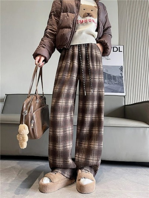 チェック柄ワイドパンツ レディース チェック パンツ 秋冬 裏起毛パンツ ロングパンツ ウエストゴム 大きいサイズ ゆったり リラックス 着心地よい 柔らか ファッション オシャレ 通勤 大人可愛い