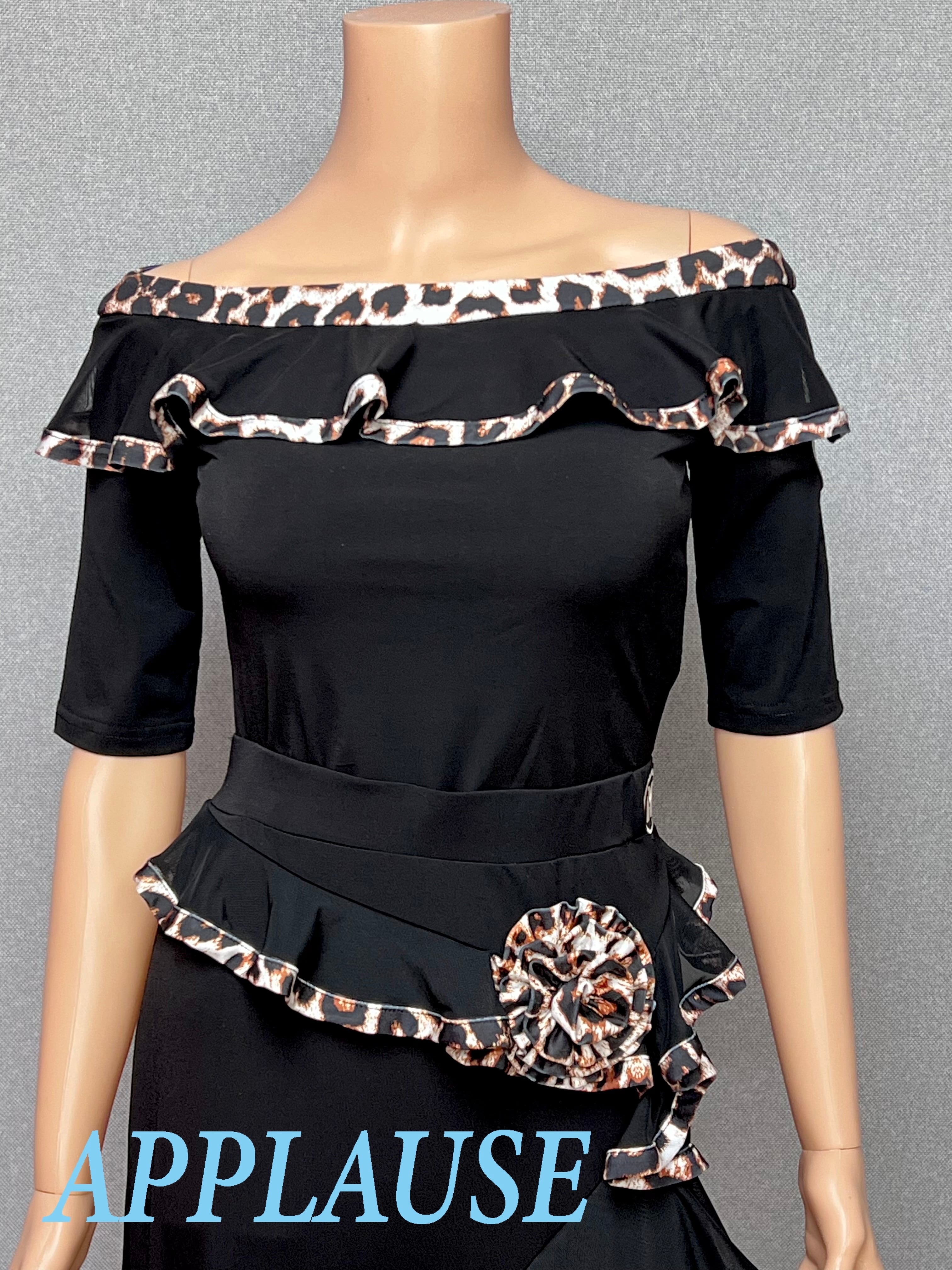 【新着】社交ダンス ドレス　ラテンドレス　　レオパード柄フリルレオタードトップス　M〜L　ST-26-7 　デモ・競技用ドレス　発表会衣装　パーティドレス　ワンピース　舞台衣装