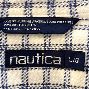 【NAUTICA】90s ネルシャツ 長袖シャツ フランネル ヘビーネル 肉厚 厚手 チェック L ビッグシルエット フラップポケット ホワイト ノーティカ US古着