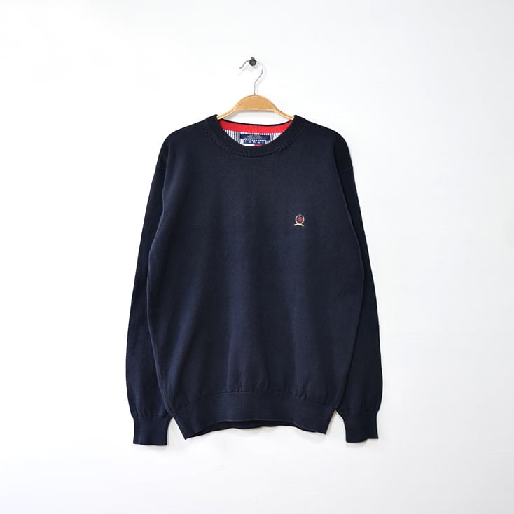 90S トミーヒルフィガー コットンニット クルーネック セーター メンズM ブラック系 TOMMY HILFIGER アメカジ 古着 @CH0923
