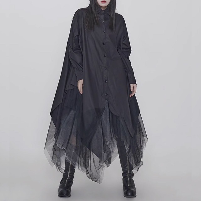 Irregular double layer mesh shirt dress C0397