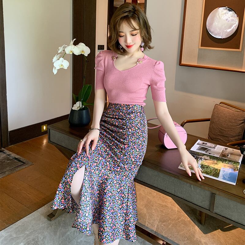 スタンダードスリーブニットTシャツ プリントラッフルスカート セット サマー レトロ 夏物 MIUCO22193781272