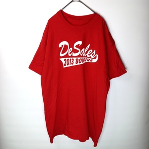 ノーブランド　クルーネック　プリントTシャツ　半袖　企業ロゴ　レッド