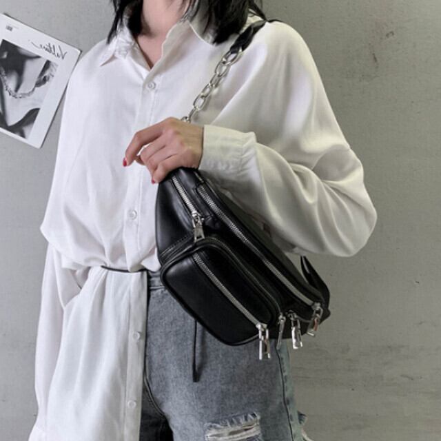 全2色 ブラック/ホワイト レディース ヒップサック ユニークチェーン スポーティ アウトドア フェイクレザー ウエストバッグ