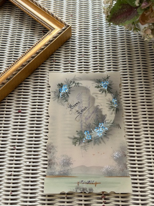 アンティークポストカード Bonne Annee クレッセントムーンと勿忘草 セルロイド フランス