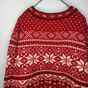 エルエルビーン　ラムウールニット　カーディガン　ノルディック　バーズアイ　レッド　赤　XL