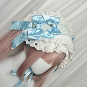 ♡【全5色】ドット柄サテンダブルリボン ボリューミーフリル ギンガムチェックヘッドドレス light blue×pink ♡