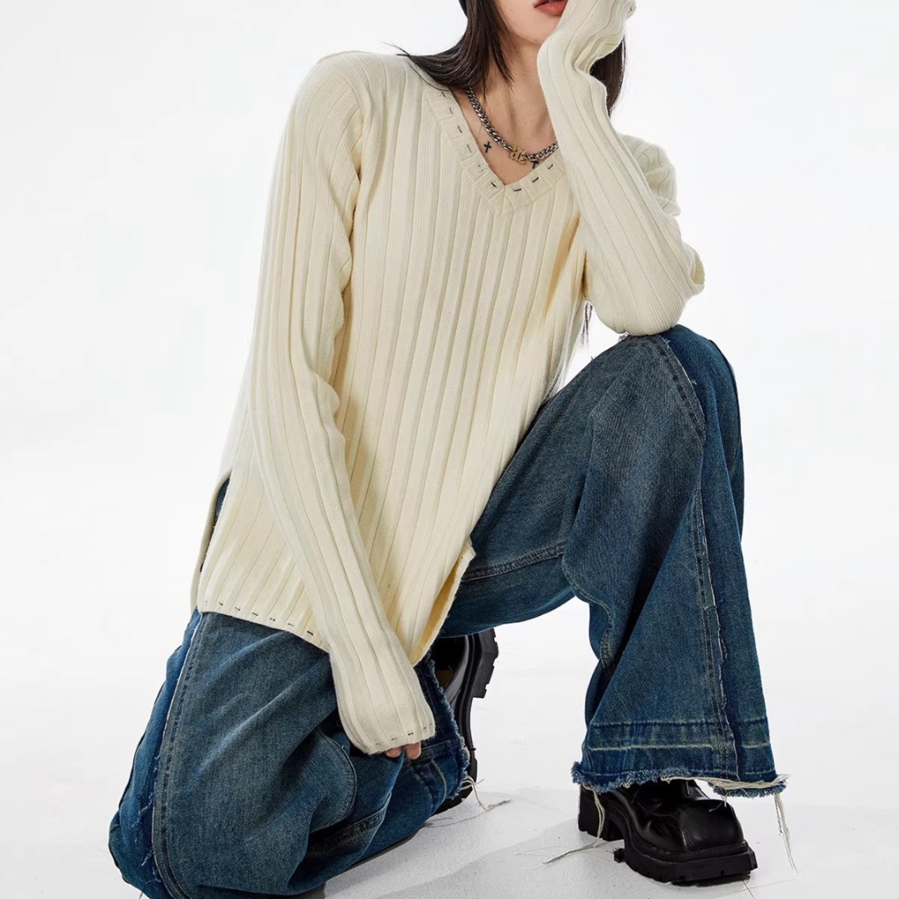 Black Knit Sweater, American Style Relaxed Fit Lazy Look Long Sleeve Top (ME273)