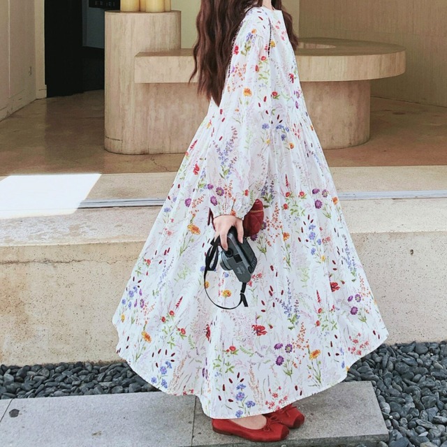colorful french flower puff sleeve flare dress  e1847