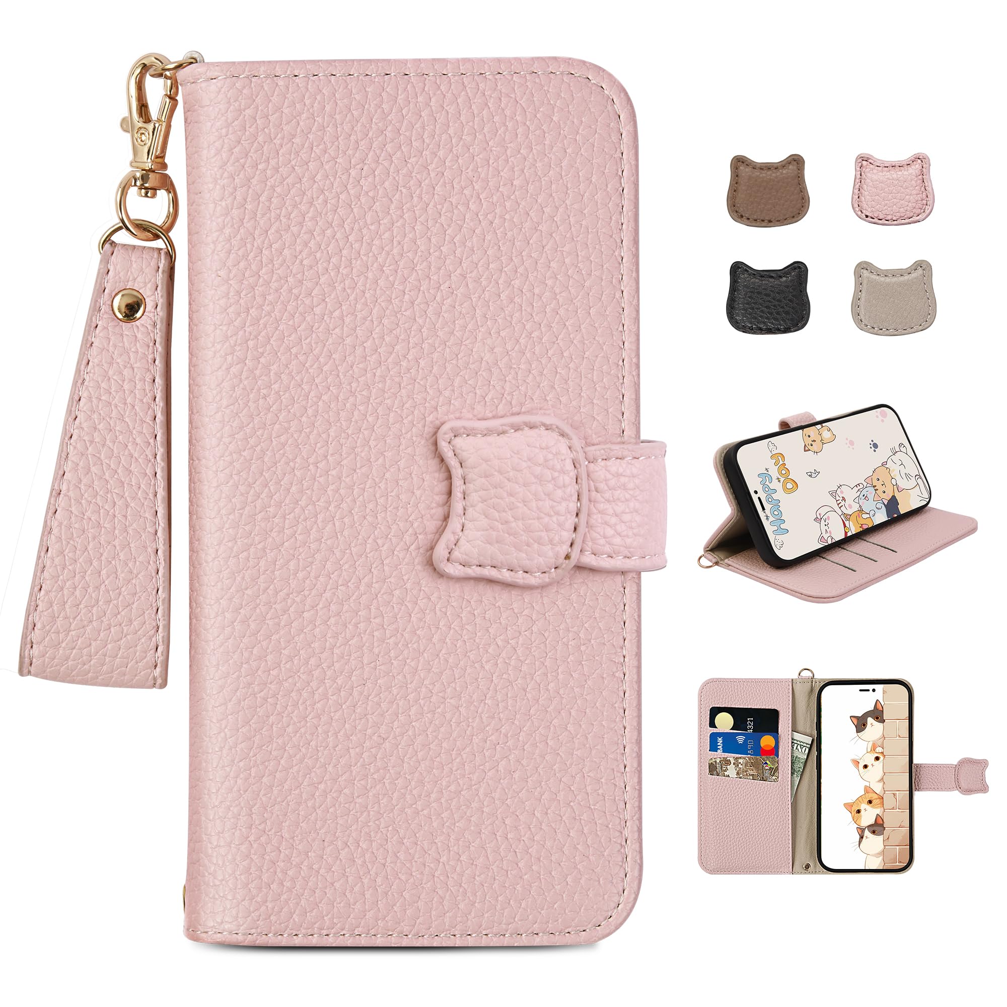 Kahper いphone16 用 ケース 手帳型 猫耳 ストラップ付き iPhone 16 携カバー 財布型 カード収納 軽量 ピンク