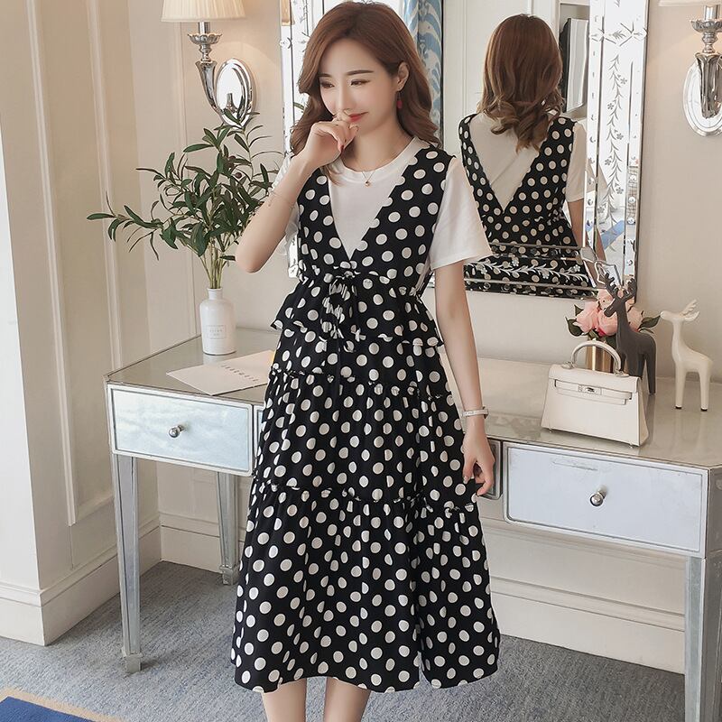 【新作】【送料無料】 マタニティドレス2019夏の新しいマタニティドレスラウンドネック半袖+ファッション水玉ロングスカートツーピースセット妊婦-アリババ ショート ハーフスリーブ サマー 夏物 Oネック expec248070762669