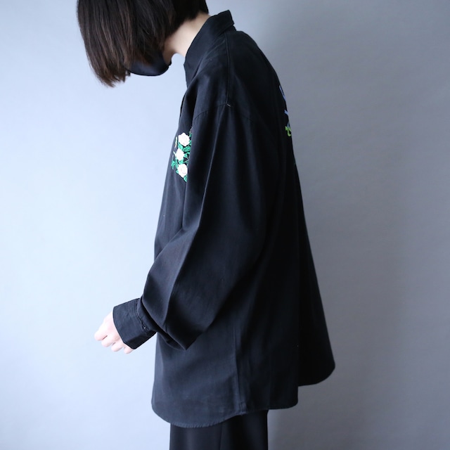 "刺繍" 鳥×花 front and back design black mode shirt