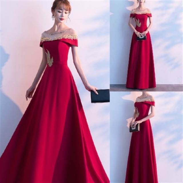 大きなサイズ（XLサイズ）エレガントな金糸刺繍デザイン フレアーロングドレス