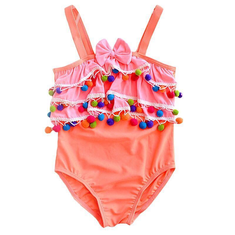 送料無料 ベビー水着 子供服 水着 キッズ 水着 女の子 水着 可愛い ボンボン しゅしゅ オレンジ色 リボン 子供服 Cocobebe Base店 ベビードレス 退院着 2way ベビースタイ 水着 ベビースーツ コスチューム