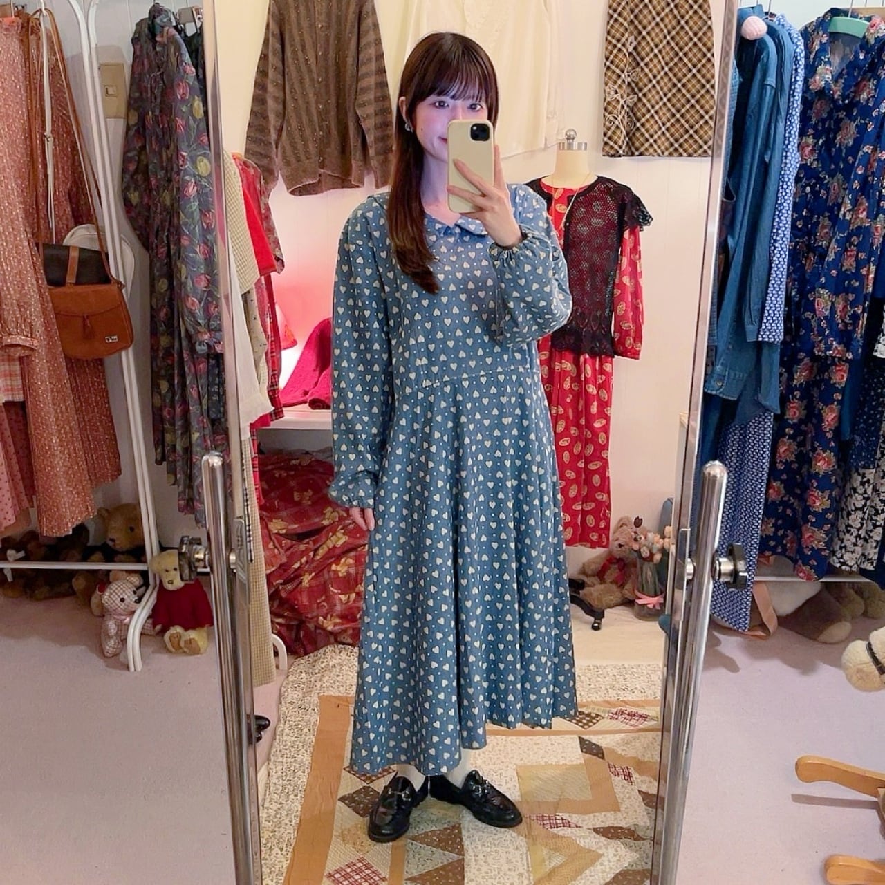 heart dot denim flare one-piece