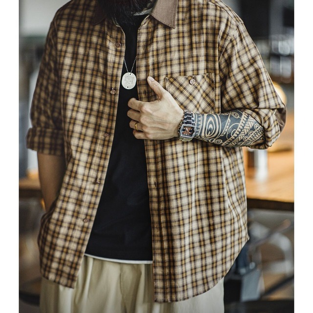 レトロコーデュロイチェック柄長袖シャツ 225109