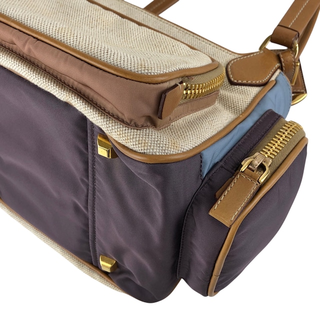 PRADA プラダ トートバッグ ベージュ ブルー トライアングルロゴ キャンバス マルチポケット vintage ヴィンテージ オールド fkki3a