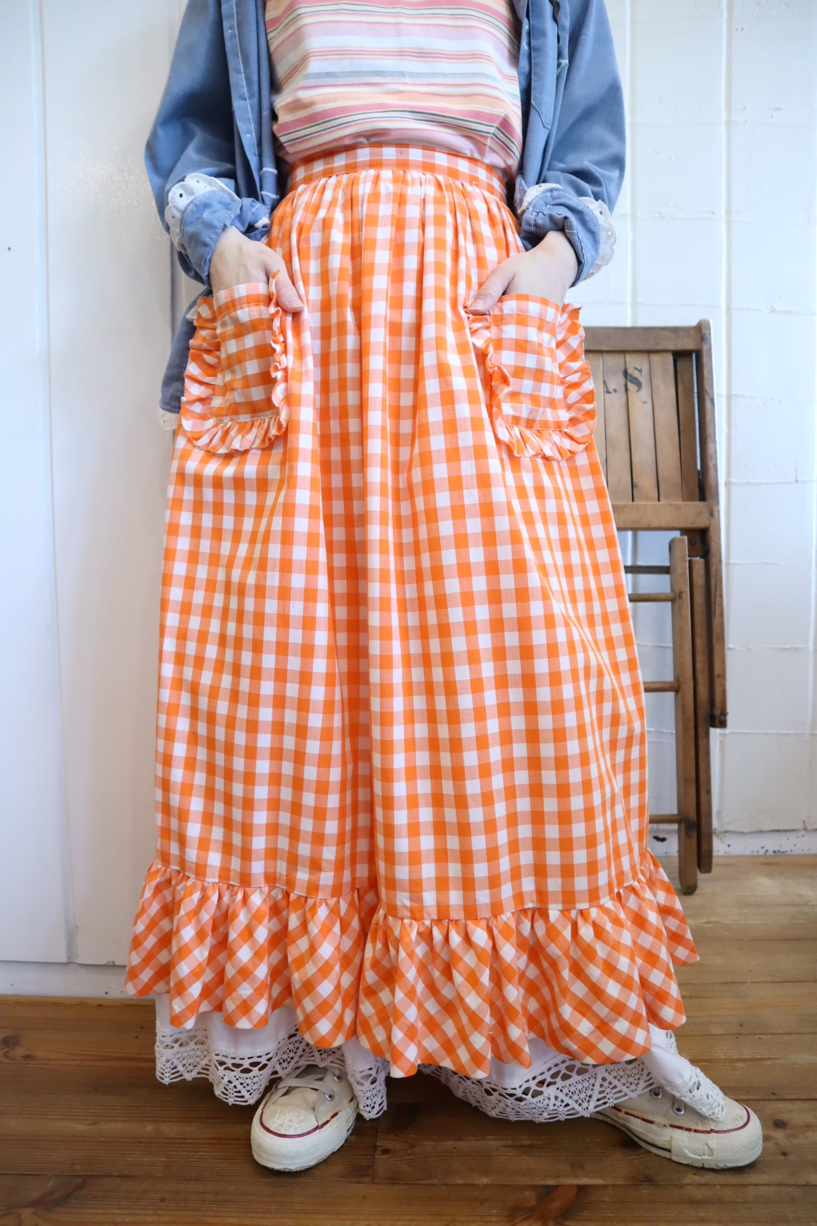 navy×white flower＆pindot cotton skirt [l-5185] | Fizzvintage