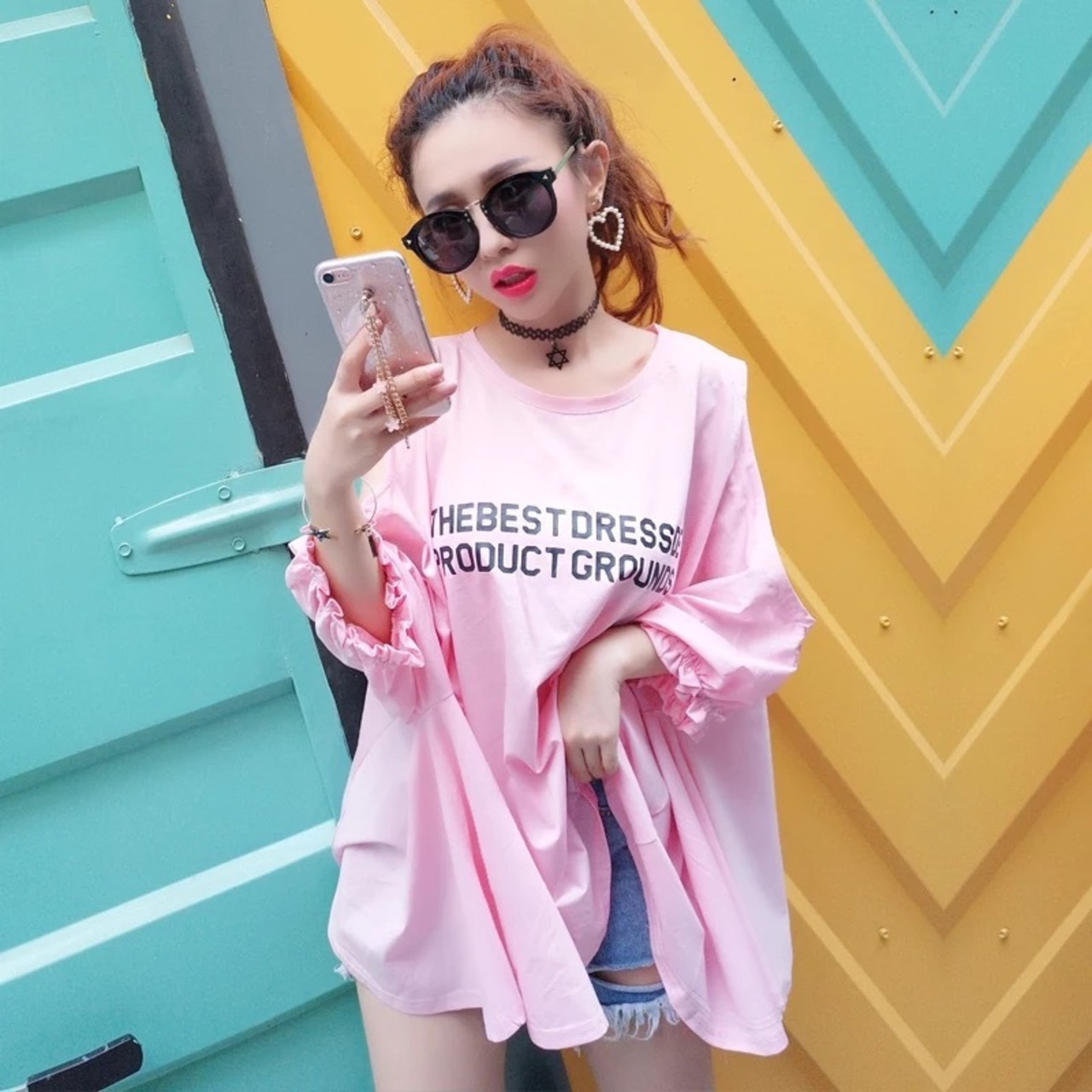 オフショルダー ピンク オーバーサイズ トップス Tシャツ 可愛い 