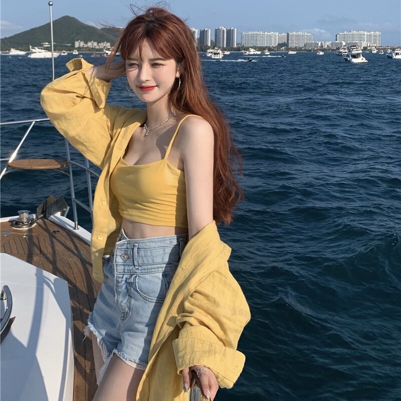 イエローショートスリムレディースサマーカジュアルシャツ ブラウス 夏物 ドラファッションホール77018210111