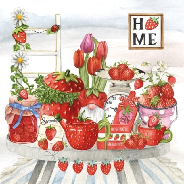 【ti-flair】バラ売り2枚 ランチサイズ ペーパーナプキン Strawberry Home ホワイト
