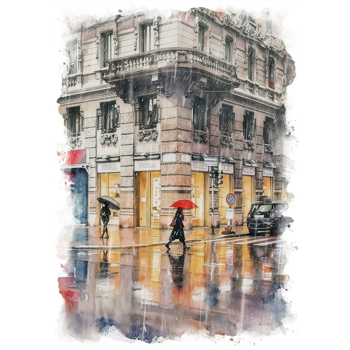 絵画 風景画(街並み) 雨のイタリア インテリアアート額付き 水彩画