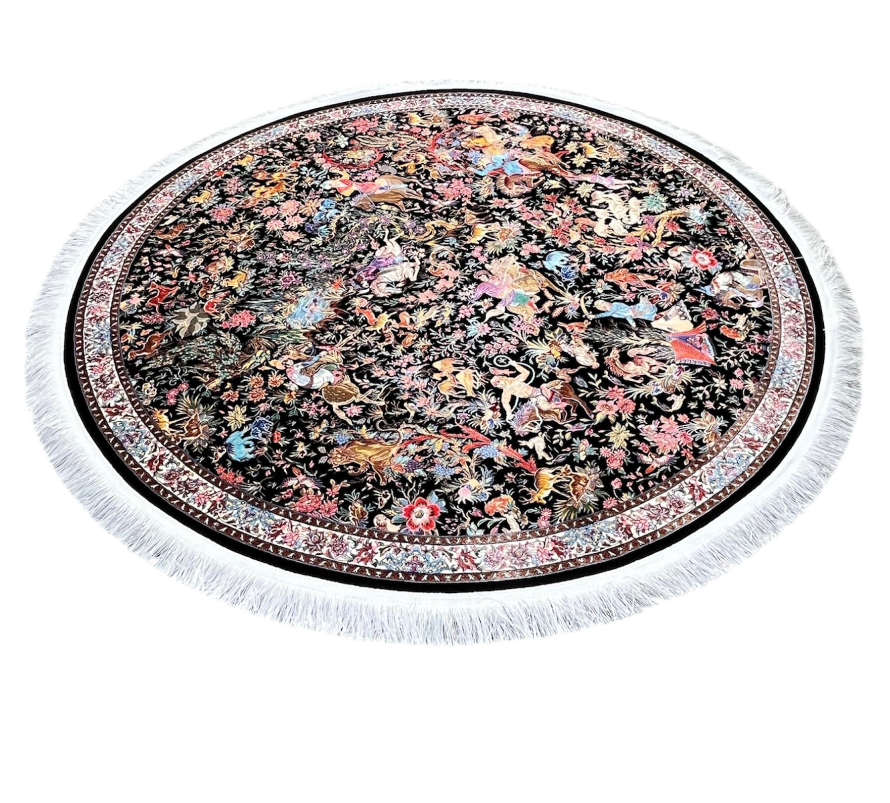 円形高級絨毯【 円形1.5m】バンブーシルク ラグ 花柄 動物柄 フリンジ