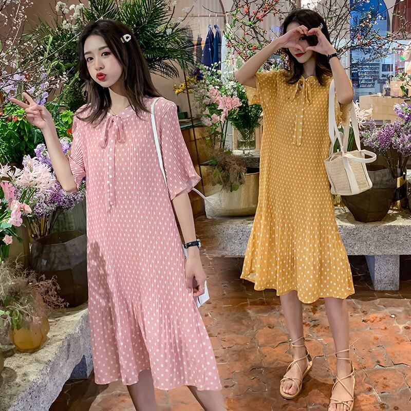 【新作】【送料無料】 マタニティウェア2019夏の新しいファッション蝶ネクタイネクタイ水玉シフォンプリーツルーズマタニティドレス-アリババ リボン サマー 夏物 expec223796140032