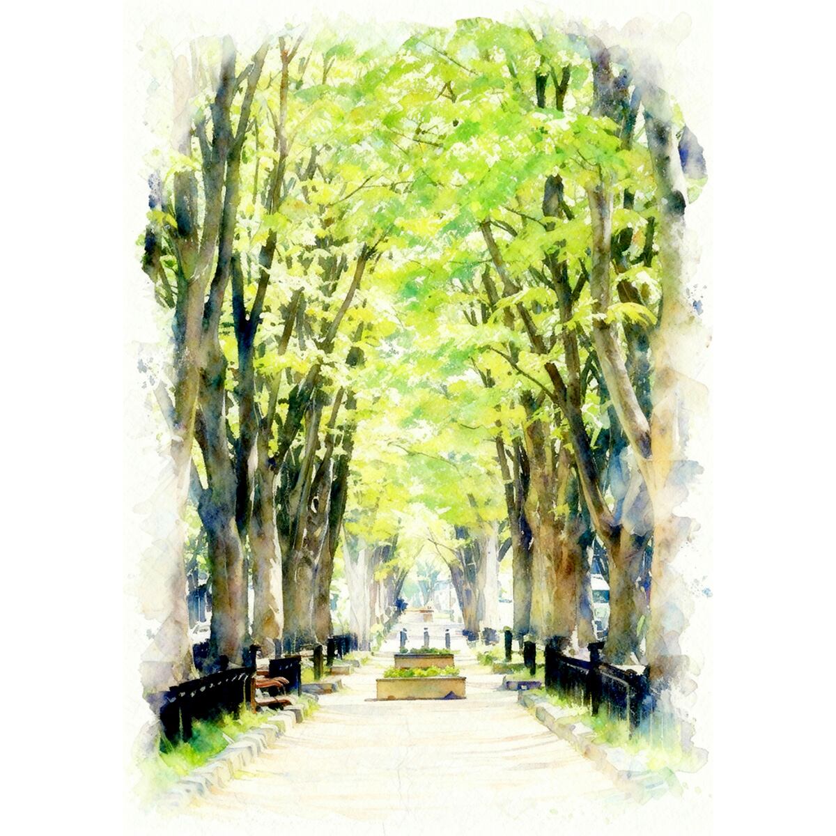 絵画(風景画) 日本 宮城県 定禅寺通りの新緑 インテリアアート額付き