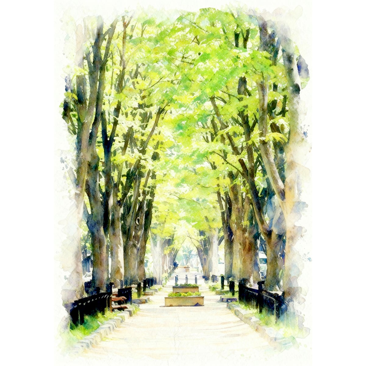 絵画(風景画) 日本 宮城県 定禅寺通りの新緑 インテリアアート額付き 水彩画・油絵調 WAT1238