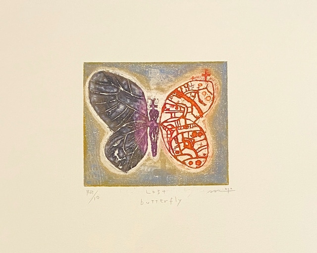 溝上幾久子 Mizokami Ikuko "a Lost butterfly" color etching, aquatint 2023
