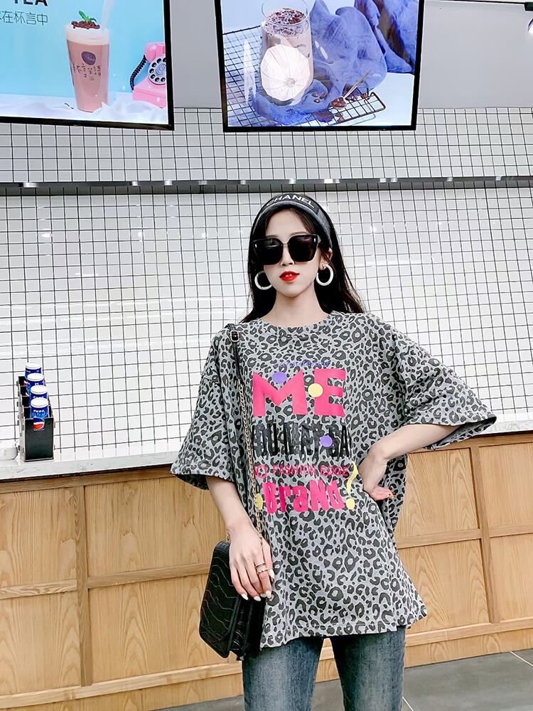 スプリングルーズシャツ レオパードプリント柄Tシャツ 大きめサイズ 春物 ミックスインファッション354150977