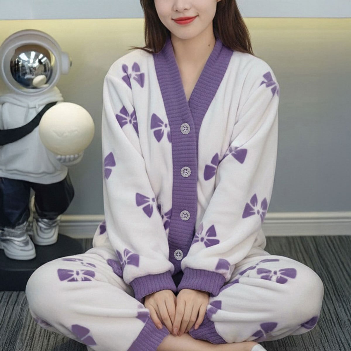 フリース パジャマ ルームウェア セットアップ レディース 春秋冬 韓国 部屋着 上下セット 大人 かわいい フェミニン おしゃれ きれいめ リボン柄 フリースパジャマ 長袖 暖かい リラックス 大人可愛い 大人女子