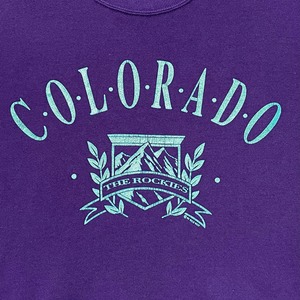 【JERZEES】80s USA製 MLB コロラド ロッキーズ 野球 ベースボール メジャーリーグ COLORADO ROCKIES アーチロゴ プリント スウェット トレーナー ビンテージ ヴィンテージ オールド パープル ユニセックス LARGE US古着