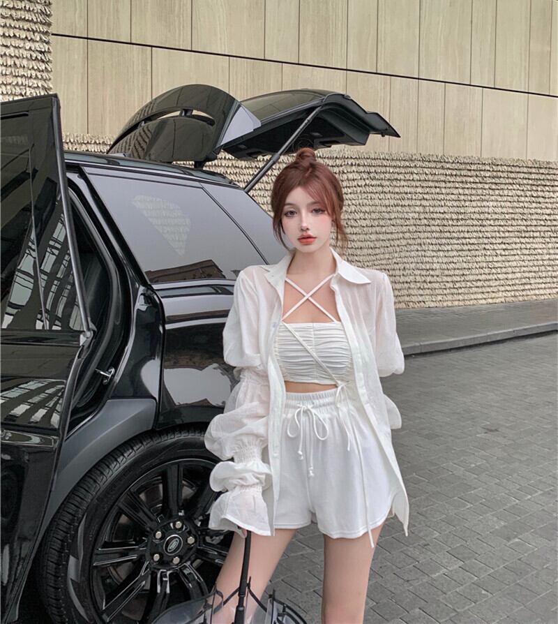 シフォンシャツ ルーズジャケット サマーホワイトトップス ロング 夏物 ブラックストロベリース29769423549