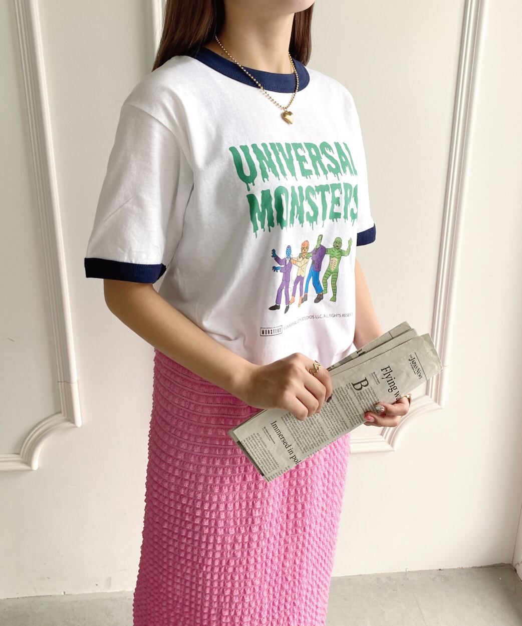 ユニバーサル・モンスターズ/リンガーTシャツ/ホワイト×ネイビー