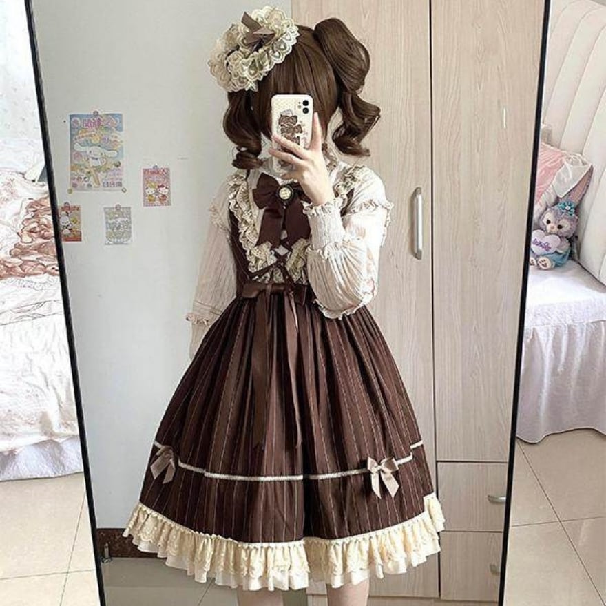 【ピンストライプ】クラシカル ロリータ ジャンパースカート|ブラウン レースアップ JSK|アンティーク調 フリル レース