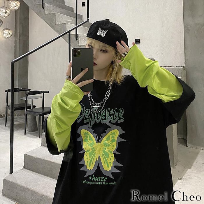 お支払い確認後20日以内発送】RomelCheo 重ね着風 ネオン パタフライ 長袖 tシャツ メンズ レディース レイヤード風 蛍光 黄緑 蝶柄  ロング ロンt プリント ロゴ ビッグシルエット ダボ 大きいサイズ ゆったり 薄手 韓国 ストリート系 ヒップホップ スケーター ...