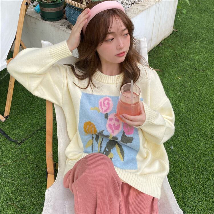 スタンダードFlowerデザイン セーター オータムウィンタールーズニットトップス レトロ 秋物 冬物 フラワーデザイン 萌量不足18777949270