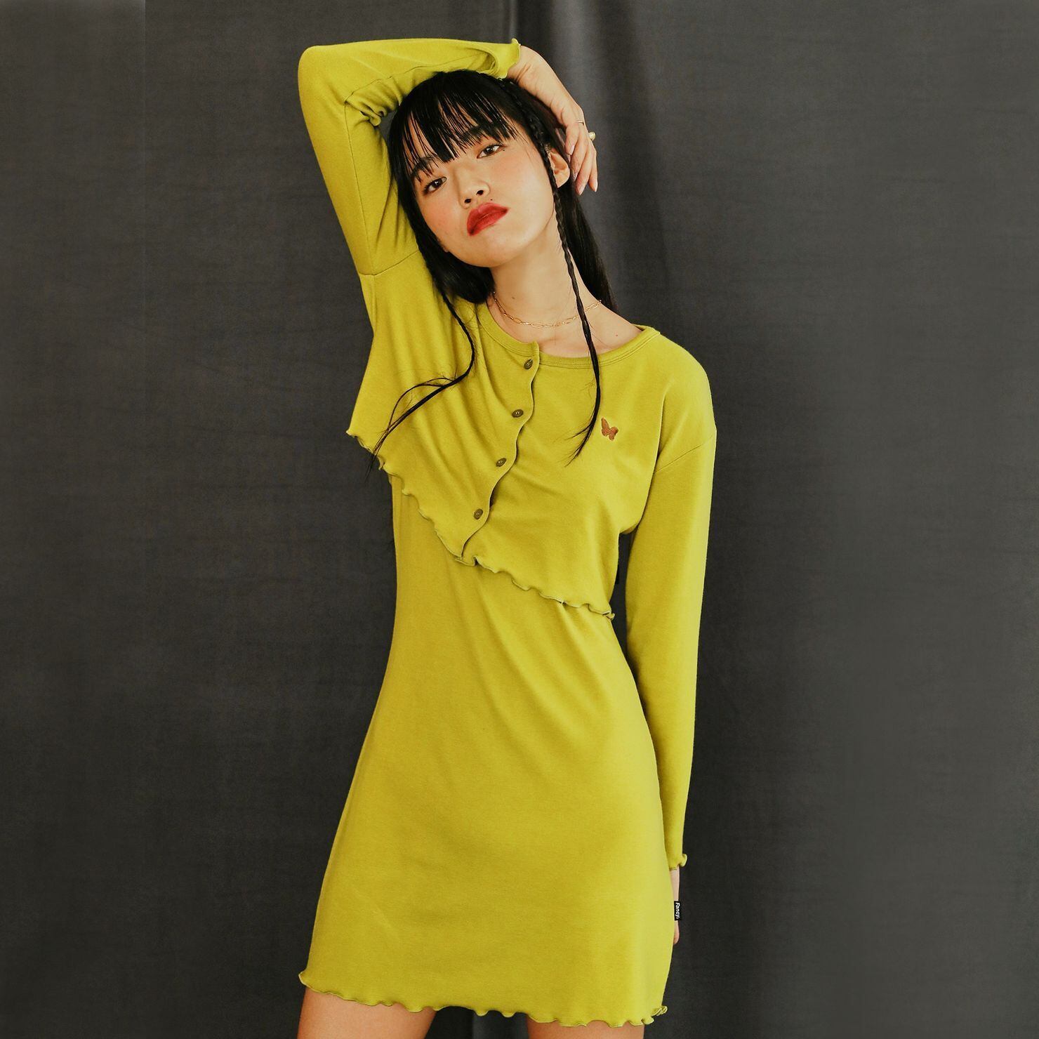 NASTY FANCY CLUB] BASIC CARDIGAN ONE-PIECE SET UP (OLIVE) 正規品 