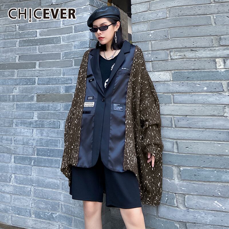 CHICEVERパッチワークセーター女性Vネック長袖ニットカーディガンルーズオーバーサイズセーター2020秋 ロング オータム 秋物 6base520353014958