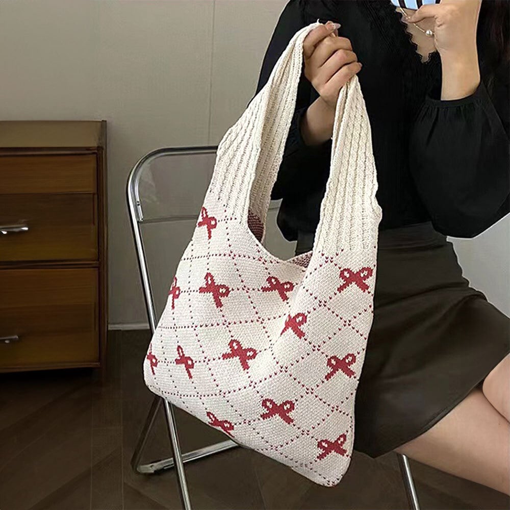 リボン柄 ニット トートバッグ レディース 韓国 大容量 大人 かわいい おしゃれ 通勤 通学 エコバッグ 折り畳み 軽量 A4 きれいめ カジュアル 大人可愛い 大人女子