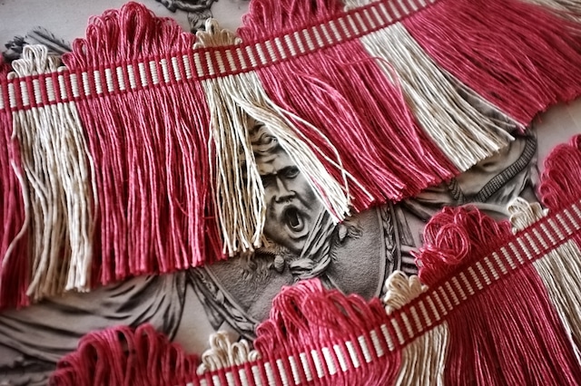 フランス 50x11c リネン 薄曇りの木苺とフリンジブレード ヴィンテージ