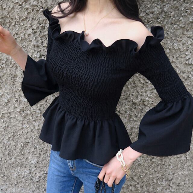 カジュアルブラウス フリル ボリューム袖 袖コンシャス シンプル セクシー 無地 オフショルダー 七分袖 ブラック フリーサイズ
