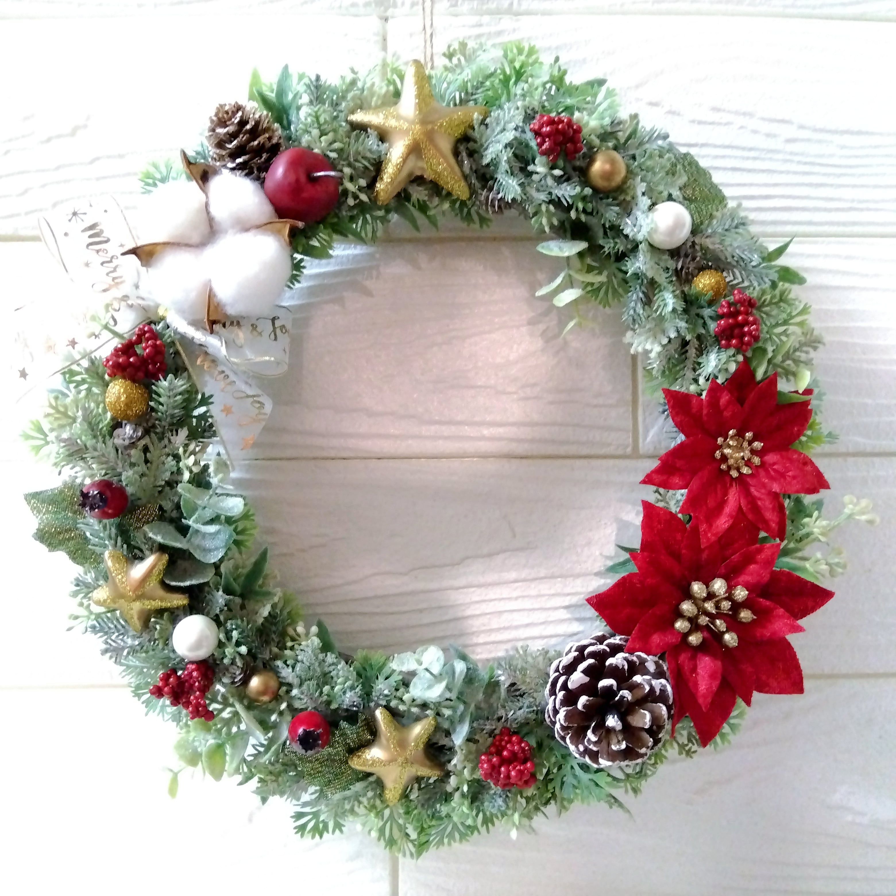 xmas クリスマスリース ポインセチアとコットンのスターリース | 雑貨