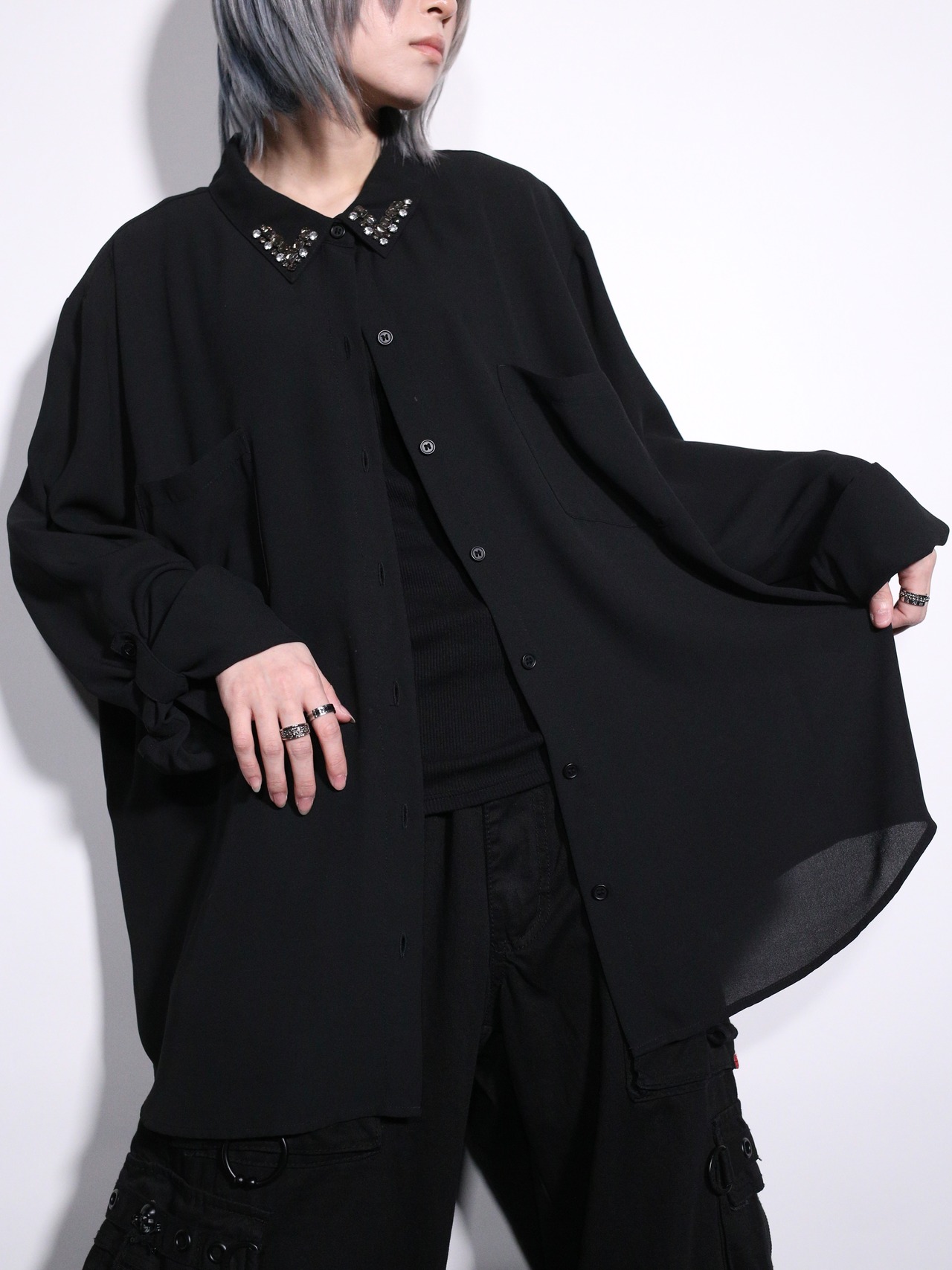 "chico's" crystal bees collar design over silhouette sheer shirt - 1
