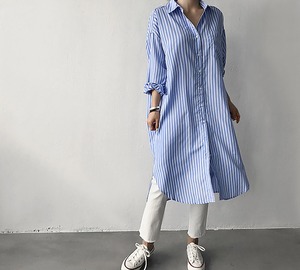 シャツワンピース トップス アウター 膝下 ロング 袖あり 7分袖 七分袖 ボリューム袖 襟付き ストレート 前開き 2way きれいめ シンプル カジュアル 大人 上品 おしゃれ 大人女子 こなれ感 ストライプ 春 秋 レディース  OL 通勤 学生 通学 デート お出かけ 休日 着回し 普段使い 体系カバー S M L XL ホワイト 黒 ブラック 青 ブルー