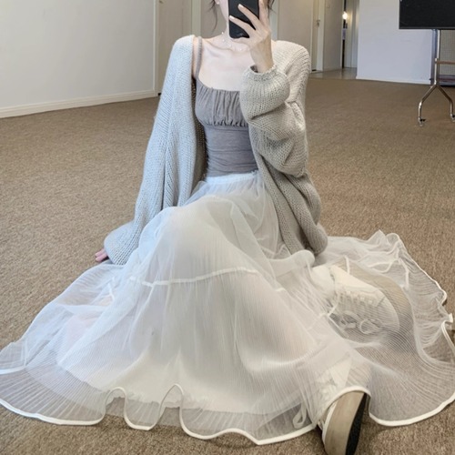 【3点セット】ルーズニットカーデ＋ギャザーキャミ＋ティアードシフォンスカート ・73246