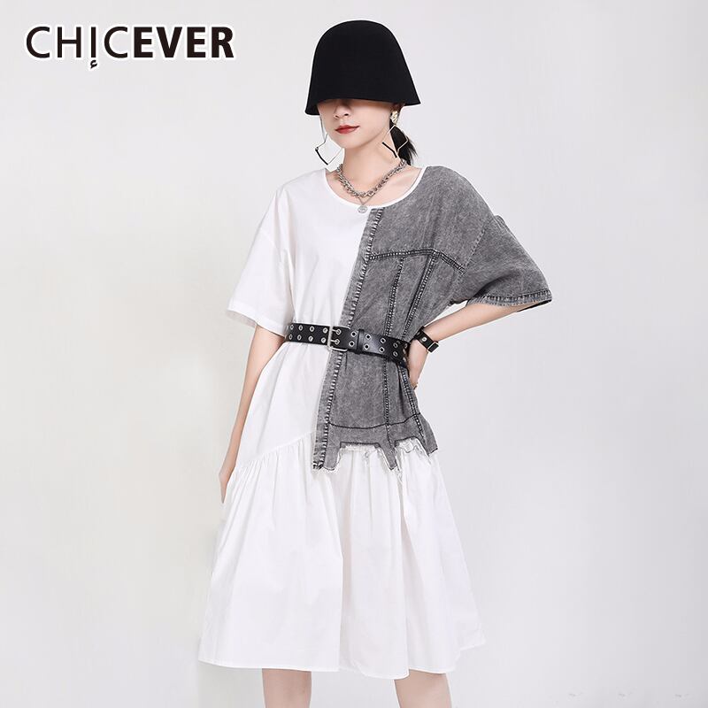 CHICEVERパッチワークデニムレディースドレスOネック半袖シャーリングルーズサマードレス2020服 ショート ハーフスリーブ 夏物 6base522632799731