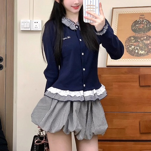 2色／チェックフリルフロントボタントップス ・71665